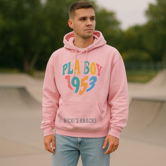 Playboy 1953 Pink Fleece Pullover Hoodie Sweatshirt Kangaroo Pocket Size XL - Picture 1 of 7
